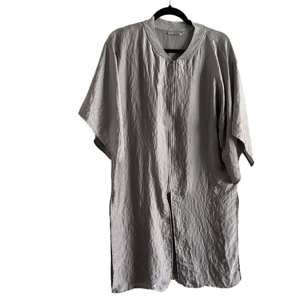 Zara Collection Women SZ S Gray Satin Zip Front 1/2 Sleeve Kimono Shirt